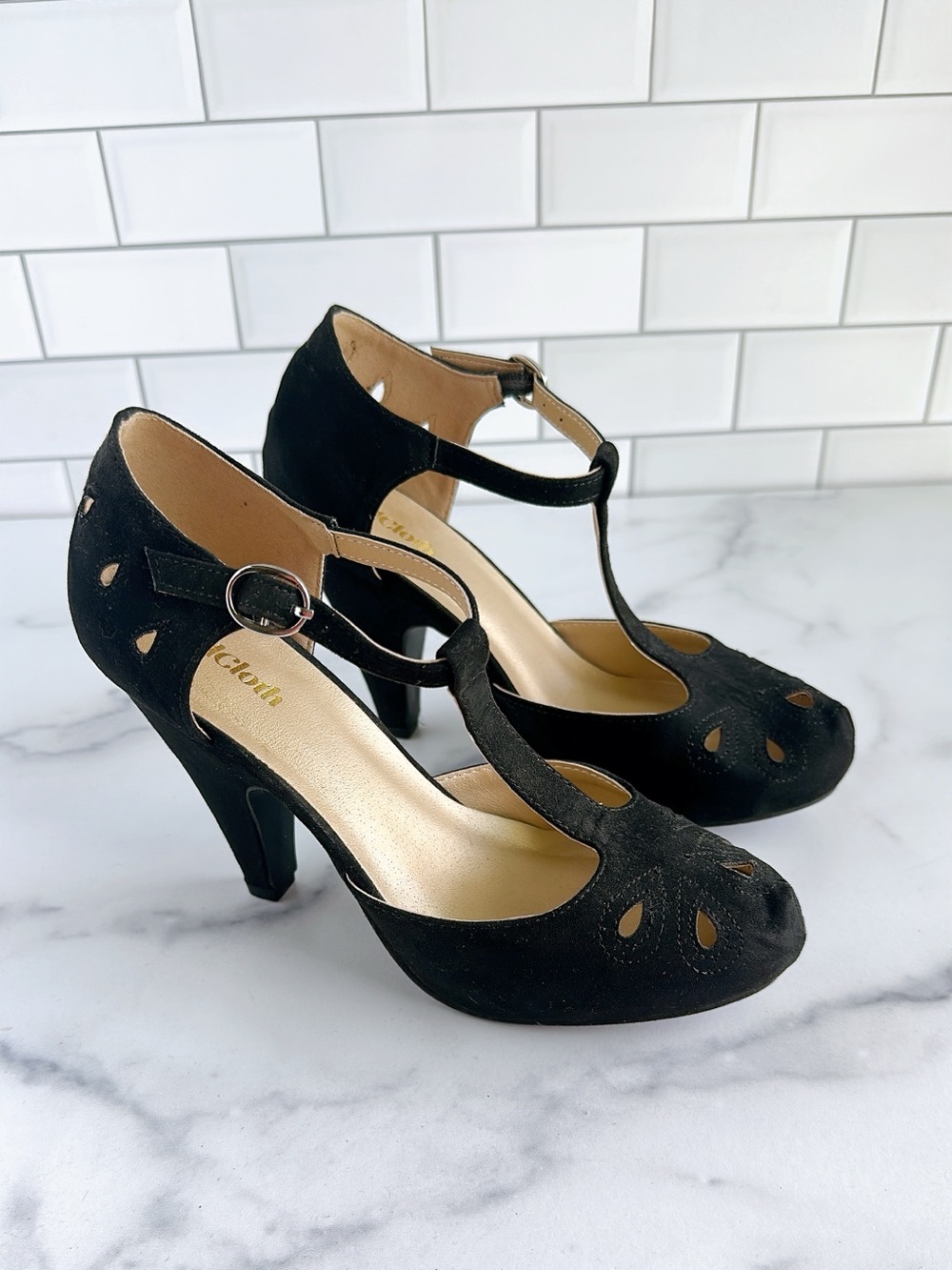 Modcloth Black T-Strap Suede Heels with Cutout Detail